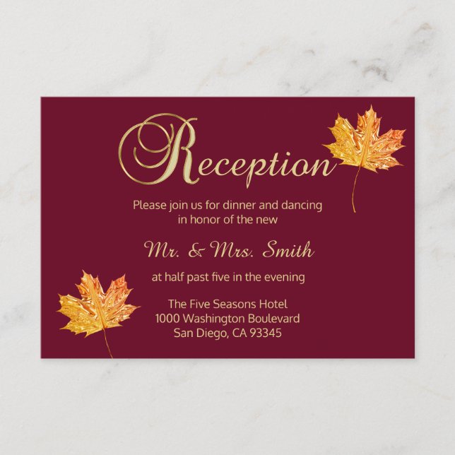 Elegant Fall Burgundy Gold Wedding RECEPTION Card (Front)
