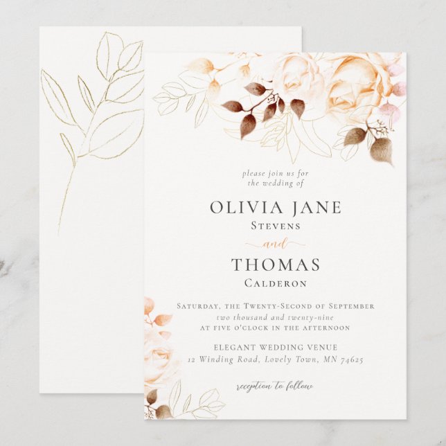 Elegant Fall Burnt Orange Floral Wedding Invitation (Front/Back)