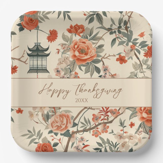 Elegant Fall Chinoiserie Thanksgiving  Paper Plates (Front)