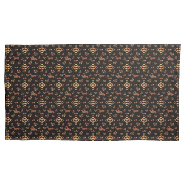 Elegant Fall Dachshund Pattern: Autumn Blooms Pillow Case (Front-Left)