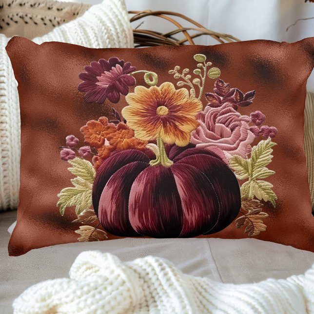 Elegant Fall Embroidered Pumpkin Flowers Accent Pillow (Creator Uploaded)