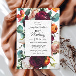 Elegant Fall Floral 80th Birthday Party Invitation<br><div class="desc">A modern fall floral birthday party invitation with rich romantic colors of burgundy red, russet orange, blush pink and teal green leaves in a lovely floral border surrounding your text. The back of the invitation has a matching floral bouquet making a uniquely charming invitation. These colors are often used from...</div>