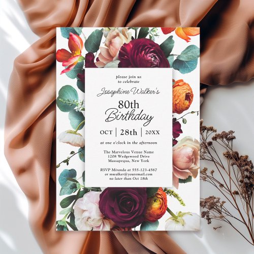 Elegant Fall Floral 80th Birthday Party Invitation