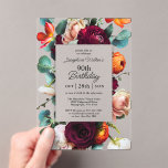 Elegant Fall Floral 90th Birthday Party Acrylic Invitations<br><div class="desc">A modern acrylic fall floral birthday party invitation that exudes warmth and elegance with rich romantic colors of burgundy red, russet orange, blush pink and teal green leaves in a lovely floral border surrounding your text. These colors are often used from mid-summer into fall and through the winter months. Personalize...</div>