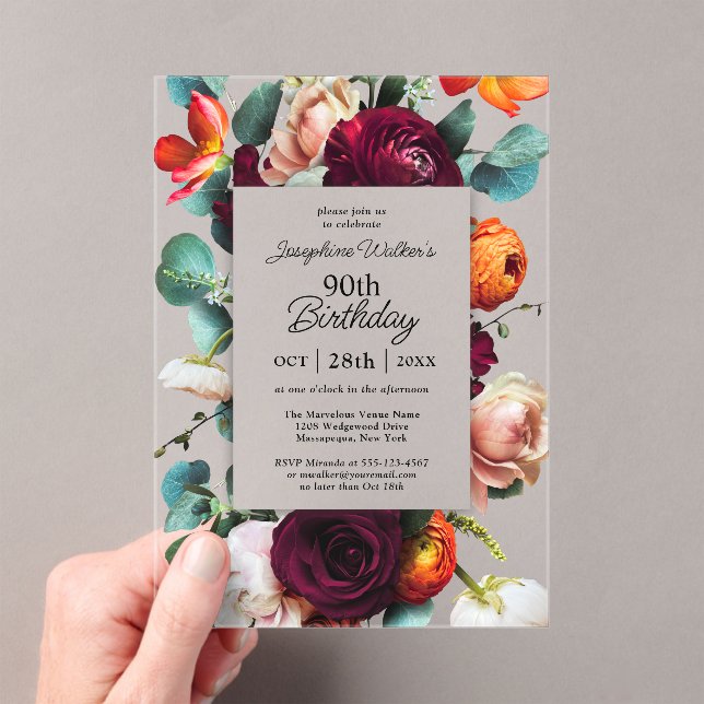 Elegant Fall Floral 90th Birthday Party Acrylic Invitations (Insitu (Handheld))