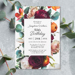 Elegant Fall Floral 90th Birthday Party Invitation<br><div class="desc">A modern fall floral birthday party invitation that exudes warmth and elegance with rich romantic colors of burgundy red, russet orange, blush pink and teal green leaves in a lovely floral border surrounding your text. The back of the invitation has a matching floral bouquet making a uniquely charming invitation. These...</div>