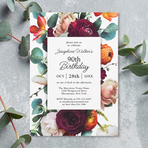 Elegant Fall Floral 90th Birthday Party Invitation