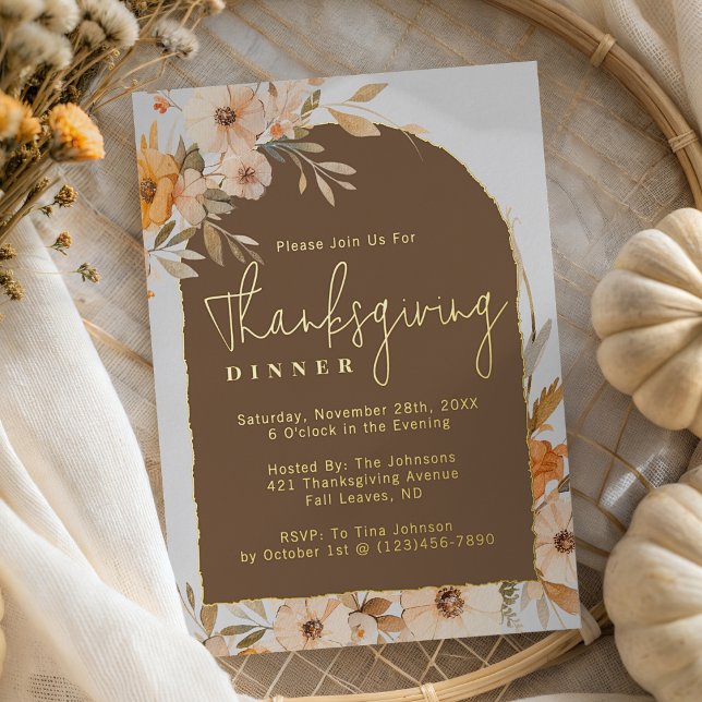Elegant Fall Floral Arch Thanksgiving Dinner Foil Invitation (Creator Uploaded)