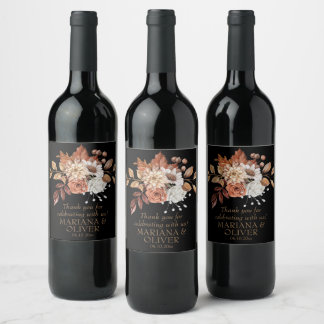 Elegant Fall Floral Black Wedding Favors Wine Label