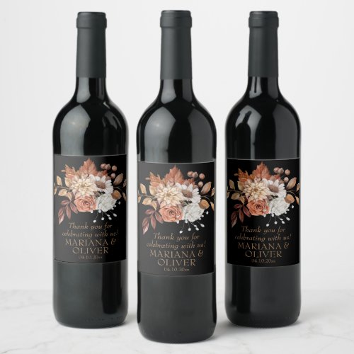 Elegant Fall Floral Black Wedding Favors Wine Label