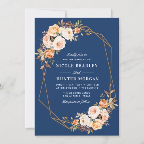 elegant fall floral blue geometric wedding invitation