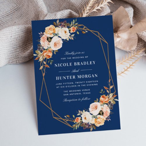 elegant fall floral blue geometric wedding invitation