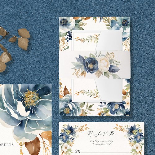 Elegant Fall Floral Blue Ivory Watercolor Wedding Invitation Belly Band