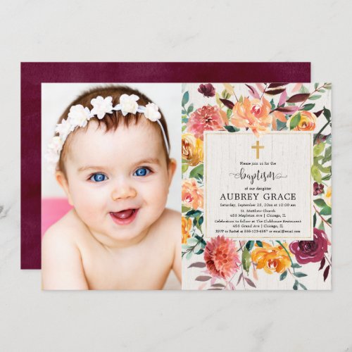 Elegant fall floral burgundy baptism photo invitation