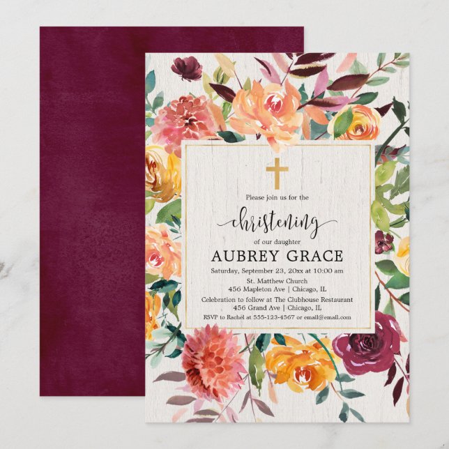 Elegant fall floral burgundy blush christening invitation (Front/Back)