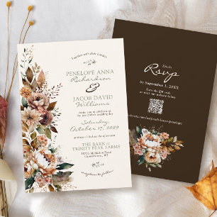 Elegant Fall Floral Dark Brown Boho Autumn Wedding Invitation