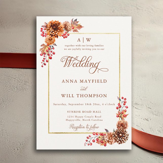 Elegant Fall Floral Gold Frame Monograms Wedding Invitation (fall floral gold frame elegant wedding invitation modern calligraphy flourishes terracotta romantic)