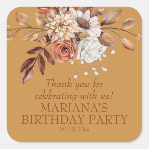 Elegant Fall Floral Gold Party Favor Square Sticker