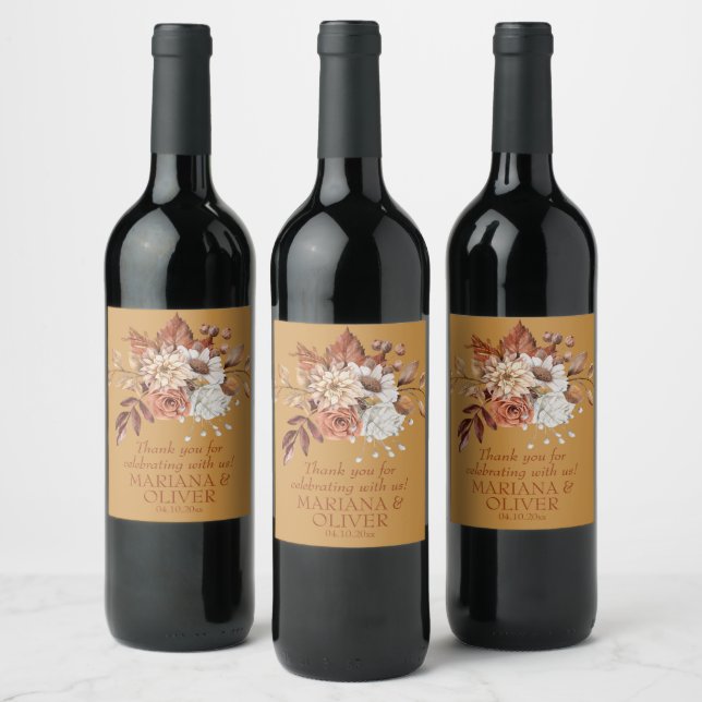 Elegant Fall Floral Gold Wedding Wine Label (Bottles)