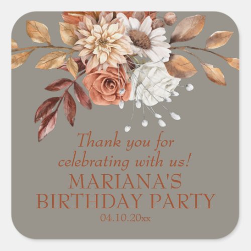 Elegant Fall Floral Grey Party Favor Square Sticker