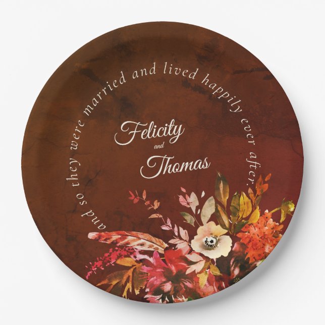 Elegant Fall Floral Happily Ever After Wedding Paper Plates (Front)