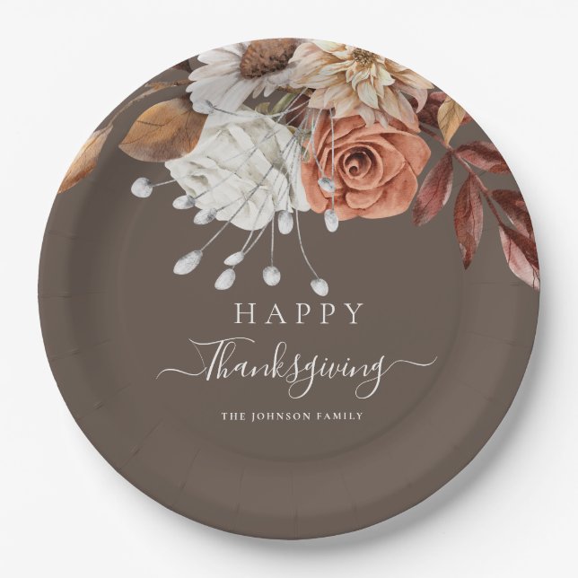 Elegant Fall Floral Happy Thanksgiving Paper Plates (Front)