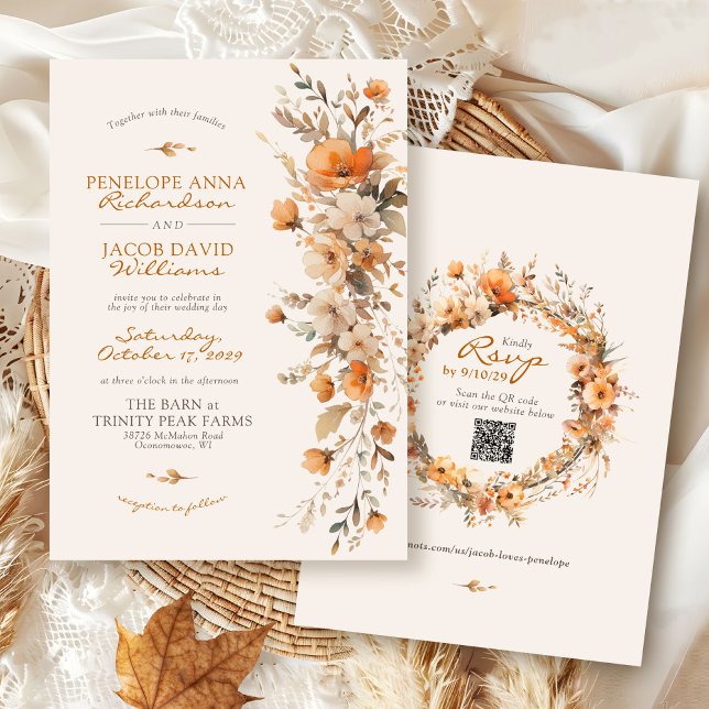 Elegant Fall Floral Ivory Rustic Autumn Wedding Invitation (Elegant ivory terracotta orange fall floral watercolor flower QR code boho Autumn wedding invitation)