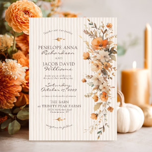 Elegant Fall Floral Ivory Striped Autumn Wedding Invitation