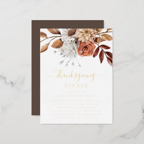 Elegant Fall Floral Leaves Thanksgiving Dinner Foil Invitation Postcard