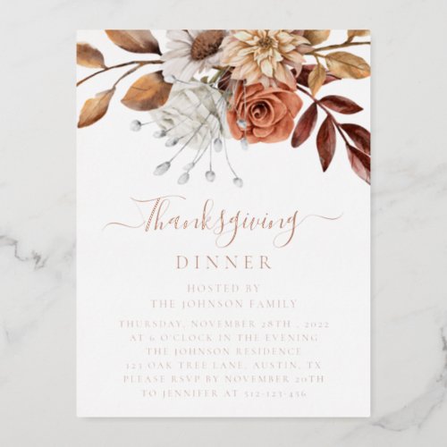 Elegant Fall Floral Leaves Thanksgiving Rose Gold Foil Invitation Postcard