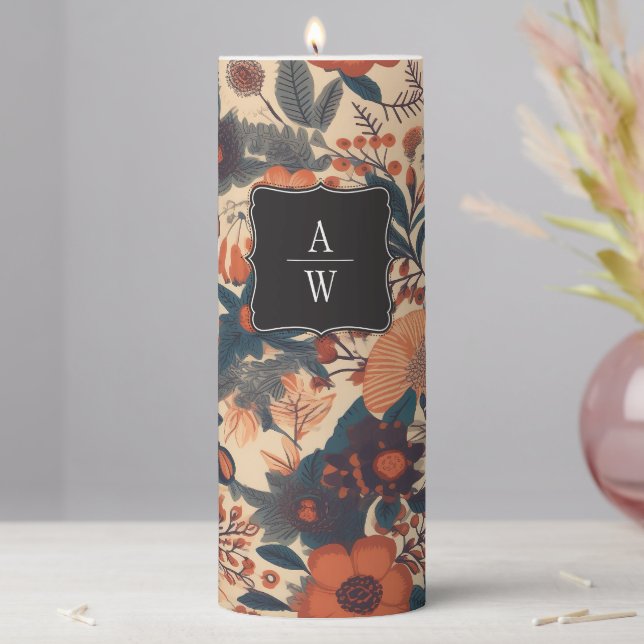 Elegant Fall Floral Monogram Wedding Pillar Candle (In Situ)