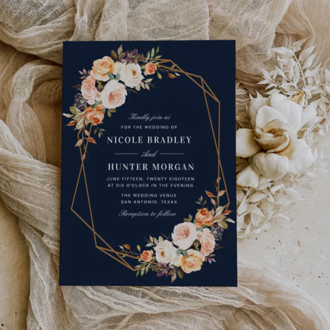 elegant fall floral navy blue geometric wedding invitation | Zazzle