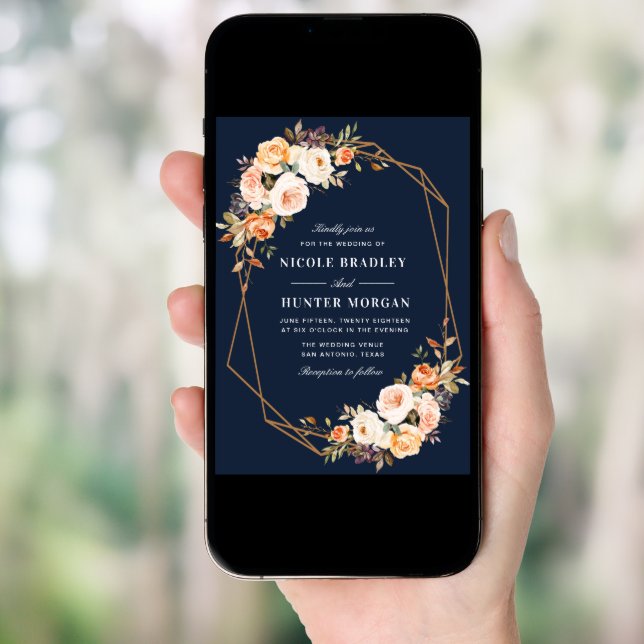 elegant fall floral navy blue geometric wedding invitation (Front Digital)