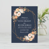 elegant fall floral navy blue geometric wedding invitation (Standing Front)