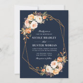 elegant fall floral navy blue geometric wedding invitation (Front)
