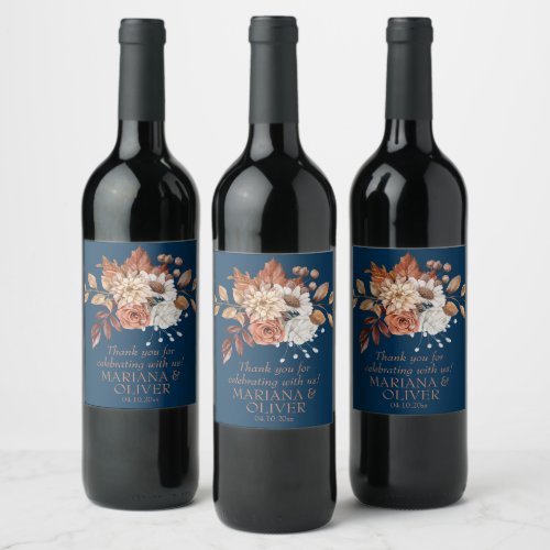 Elegant Fall Floral Navy Blue Wedding Favors Wine Label