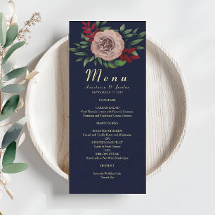 Elegant Fall Floral Navy Burgundy Wedding Menu