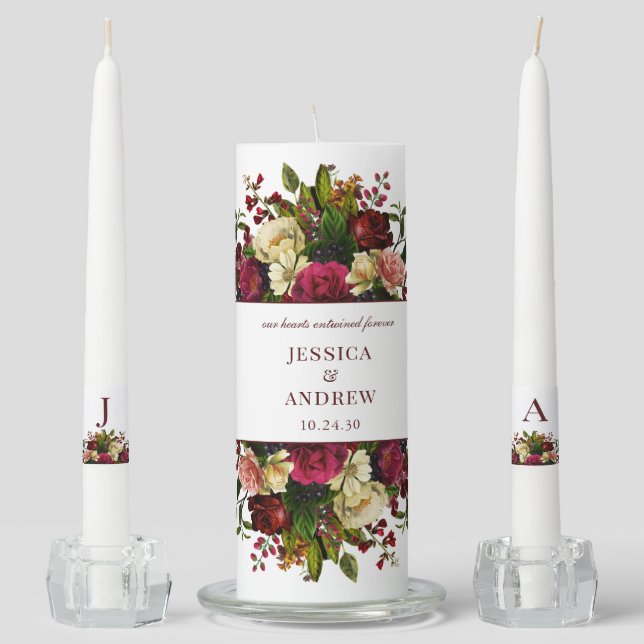 Elegant Fall Floral Our Hearts Entwined Forever Unity Candle Set (Front)
