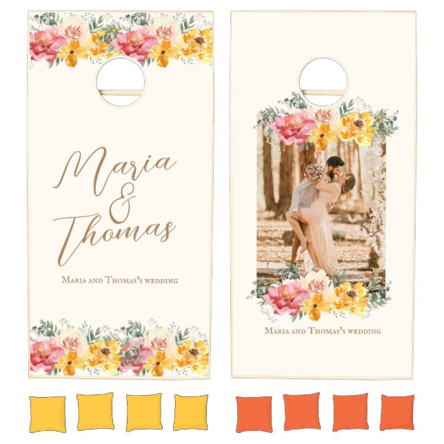 Elegant fall floral photo wedding cornhole set (Set)