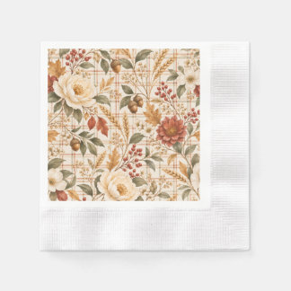 Elegant Fall Floral Plaid Thanksgiving Paper Napki Napkins