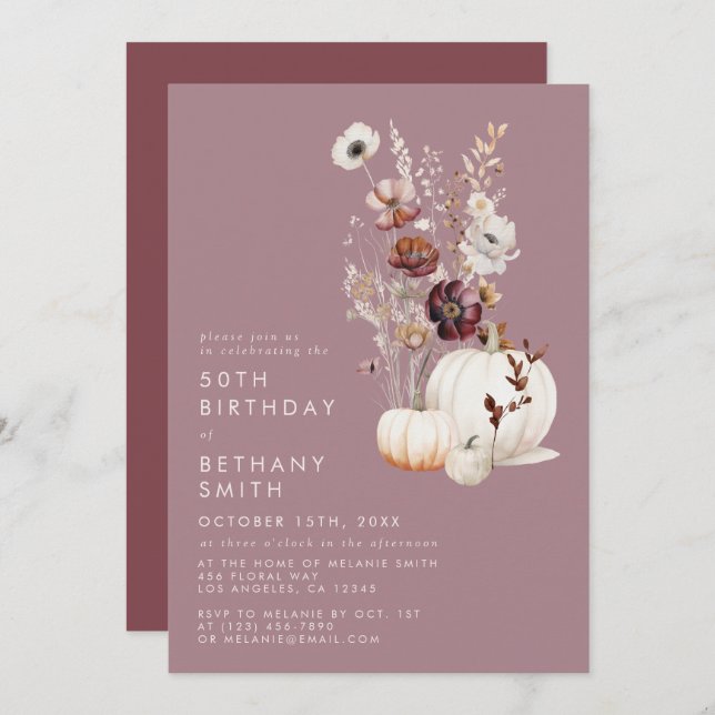 Elegant Fall Floral Pumpkin Birthday Party Invitation (Front/Back)