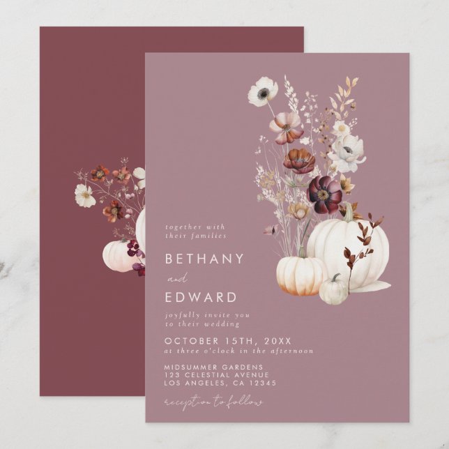 Elegant Fall Floral Pumpkin Wedding Invitation (Front/Back)