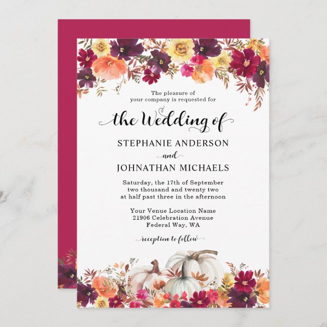 Elegant Fall Floral Pumpkin Wedding Invitation (Front/Back)