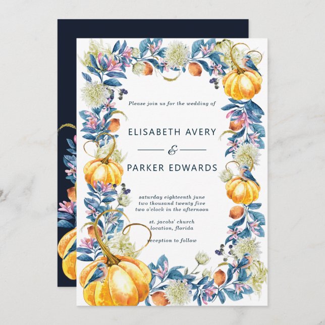 Elegant Fall Floral Pumpkin Wedding Invitation (Front/Back)