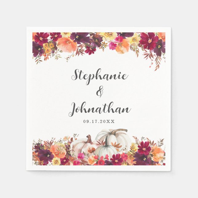 Elegant Fall Floral Pumpkin Wedding Napkins (Front)