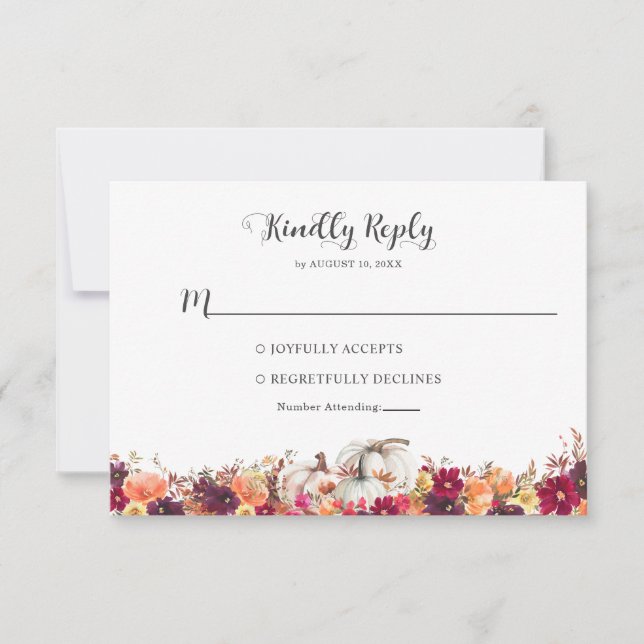 Elegant Fall Floral Pumpkin Wedding RSVP Card (Front)