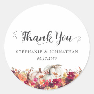 Elegant Fall Floral Pumpkin Wedding Thank You Classic Round Sticker