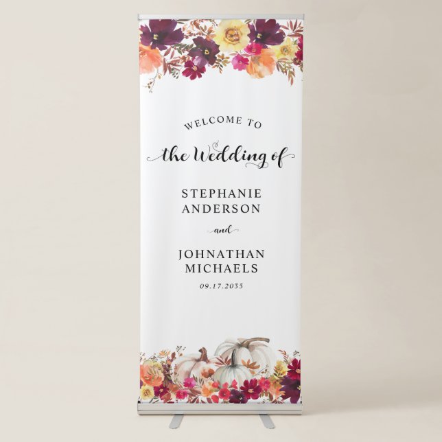 Elegant Fall Floral Pumpkin Wedding Welcome Retractable Banner (Front)
