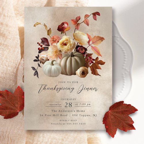 Elegant Fall Floral  Pumpkins Thanksgiving Invitation