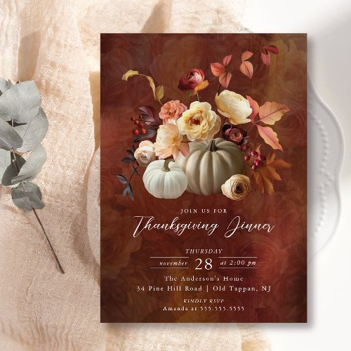 Elegant Fall Floral  Pumpkins Thanksgiving Invitation